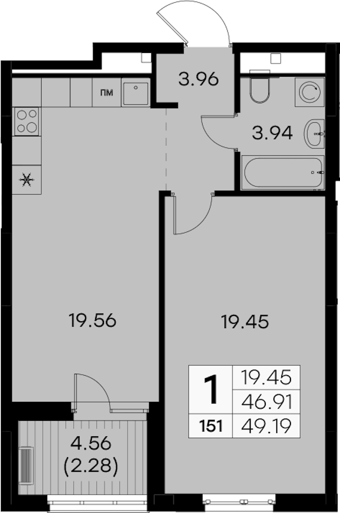 1-комнатная квартира 49.19 м², 2/7 эт., ЖК «Glorax City Балтийская»